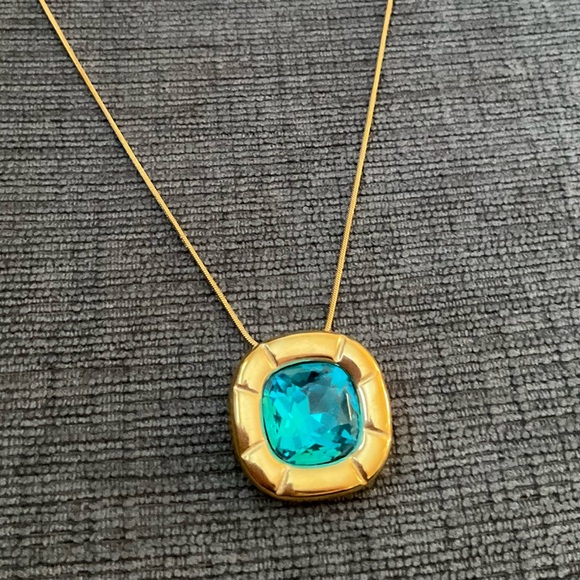 Blue Zircon Cushion Cut Crystal Necklace 18K Gold Bezel Setting Zircon Amulet - Picture 7 of 9